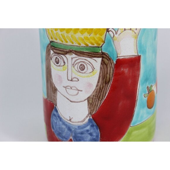DeSimone Italy Hand Painted Pottery Vase | Woman with Fruit, Boy and Bird | 10 I - Picture 9 of 12